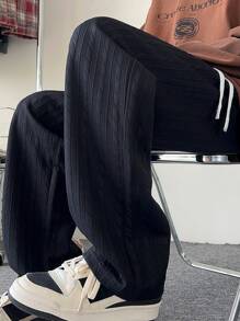 Men's Casual Loose Striped Diamond Plaid Straight Leg Pants - Black - View 8