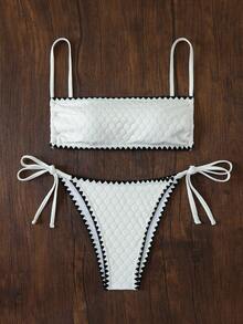 Contrast Color Trim Knitted Fabric Bikini Set For Summer Beach