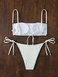 Contrast Color Trim Knitted Fabric Bikini Set For Summer Beach