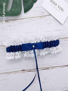 Bridal Lace Garter With Rhinestone Bow, White Wedding Leg Garter For Bride, Party Costume