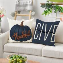 4 件秋季南瓜与字母亚麻印花枕套，45x45cm，房间装饰，卧室装饰，沙发装饰（不含枕芯） - 彩色 - 查看 5