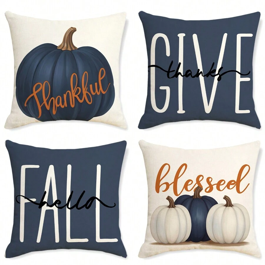 4 件秋季南瓜与字母亚麻印花枕套，45x45cm，房间装饰，卧室装饰，沙发装饰（不含枕芯） - 彩色 - 查看 1