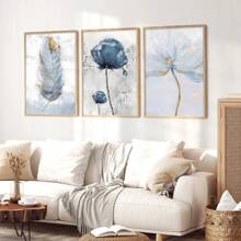 3 piezas/set Decoración de pared con amapolas, plumas azul y dorado, conjunto de decoración de galería moderna en índigo y azul marino, póster decorativo de pared, decoración de lienzo de pared, regalo ideal/set para pasillo, dormitorio, sala de estar