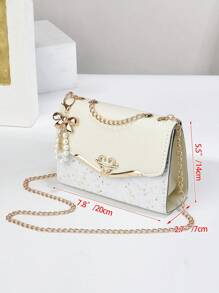 Borsa quadrata PLANEE con fiocco e decorazioni di perle finte, con patta e catena, in PU lucido e luminoso, mini borsa a patta alla moda adatta a studentesse, con tracolla regolabile, il miglior regalo personalizzato per donne, mamme e fidanzate, il miglior regalo per la festa della mamma