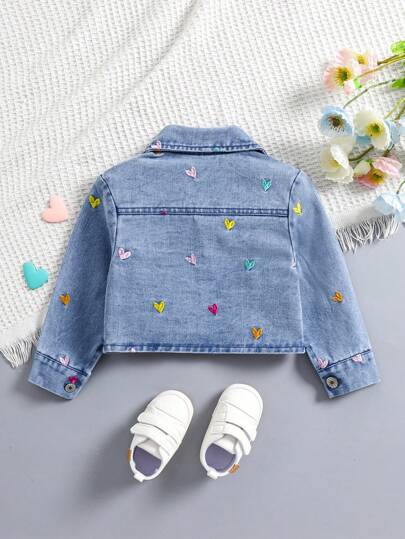 New Asymmetrical Heart Embroidered Cute Casual Denim Jacket For Baby Girls