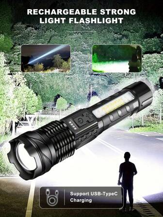 Rechargeable Metal Flashlight, High Lumen Zoomable, 5 Modes Zoomable Waterproof Emergency Flashlight, Handheld Metal Spotlight Lightweight Flashlight For Camping Power Outage Car Outdoor Lighting
