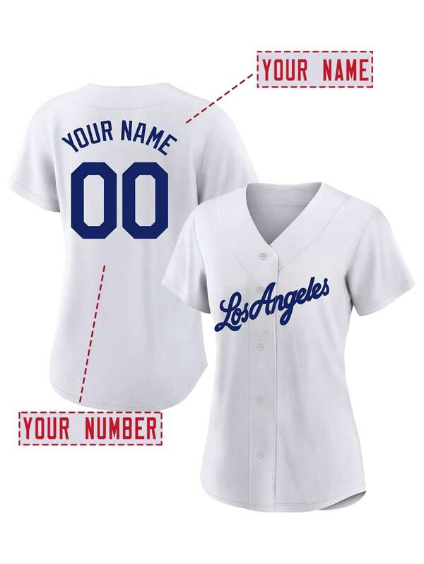 Customized Name And Number DIY Women's Embroidery Baseball Jersey Los Angeles White V-Neck Personalized Short Sleeve Button Down Shirts Party Games Training Competition Sports Tops S-Xxl DIY