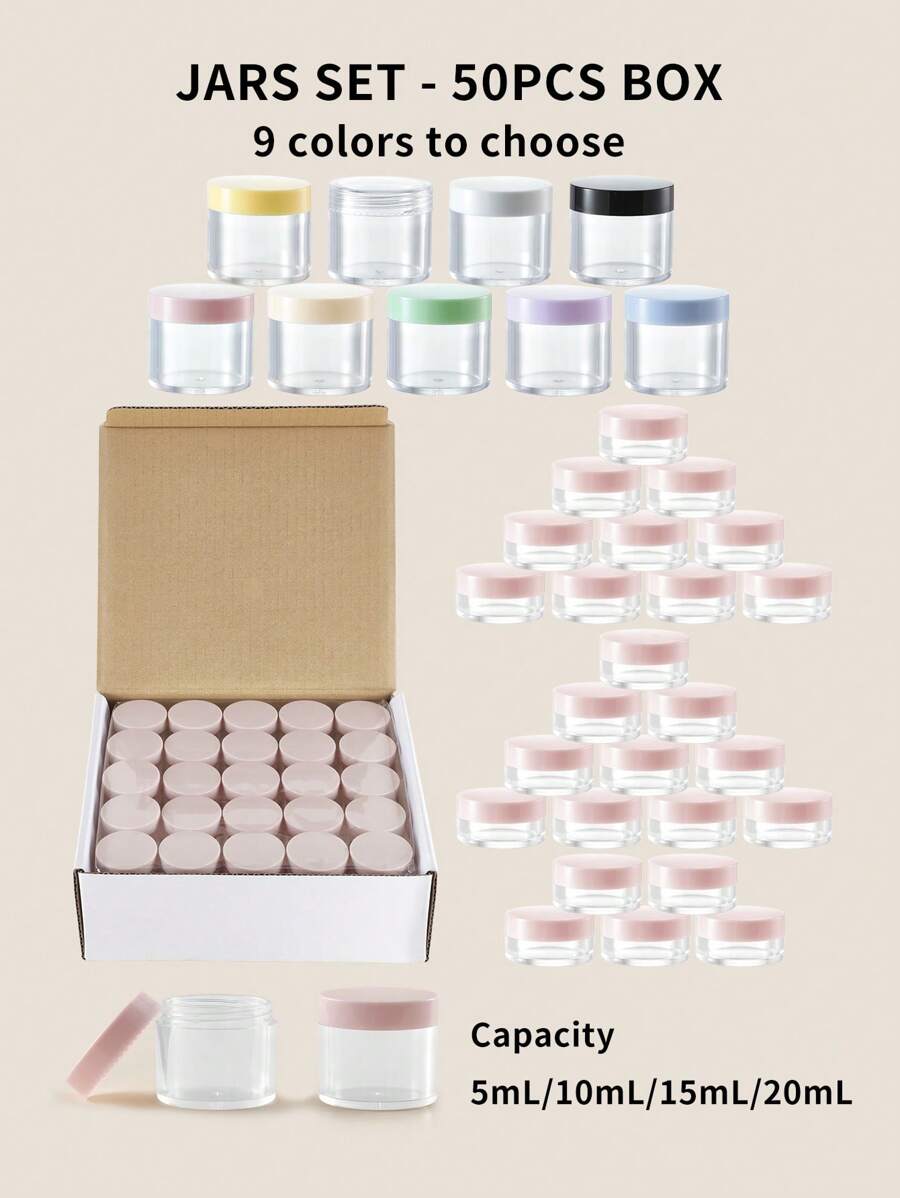 YUEMEI MOMENT 5mL/10mL/15mL/20mL(0.17oz/0.35oz/0.52oz/0.7oz) (Màu sắc: 9 màu, Số lượng: 50 chiếc)Hũ nhựa tròn trong suốt có nắp tròn dùng cho kem, nước thơm, phấn, bột lấp lánh, cho móng tay Pha lê lấp lánh, Hoa tai, Hạt trang sức, Phụ kiện nhỏ và hơn thế nữa...