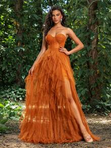 Mesh Patchwork Thigh-High Slit Off-Shoulder Formal Dress - Brown - View 1