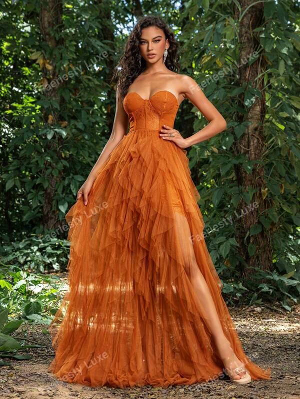 Faeriesty Faeriesty Luxe Mesh Overlay Hem Split Thigh Tube Formal Dress