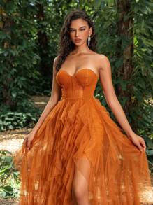 Mesh Patchwork Thigh-High Slit Off-Shoulder Formal Dress - Brown - View 7