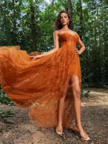 Faeriesty Mesh Overlay Hem Split Thigh Tube Formal Dress Elegant Prom Evening Wedding Guest Gown, For Graduation, Dinner Party Dress