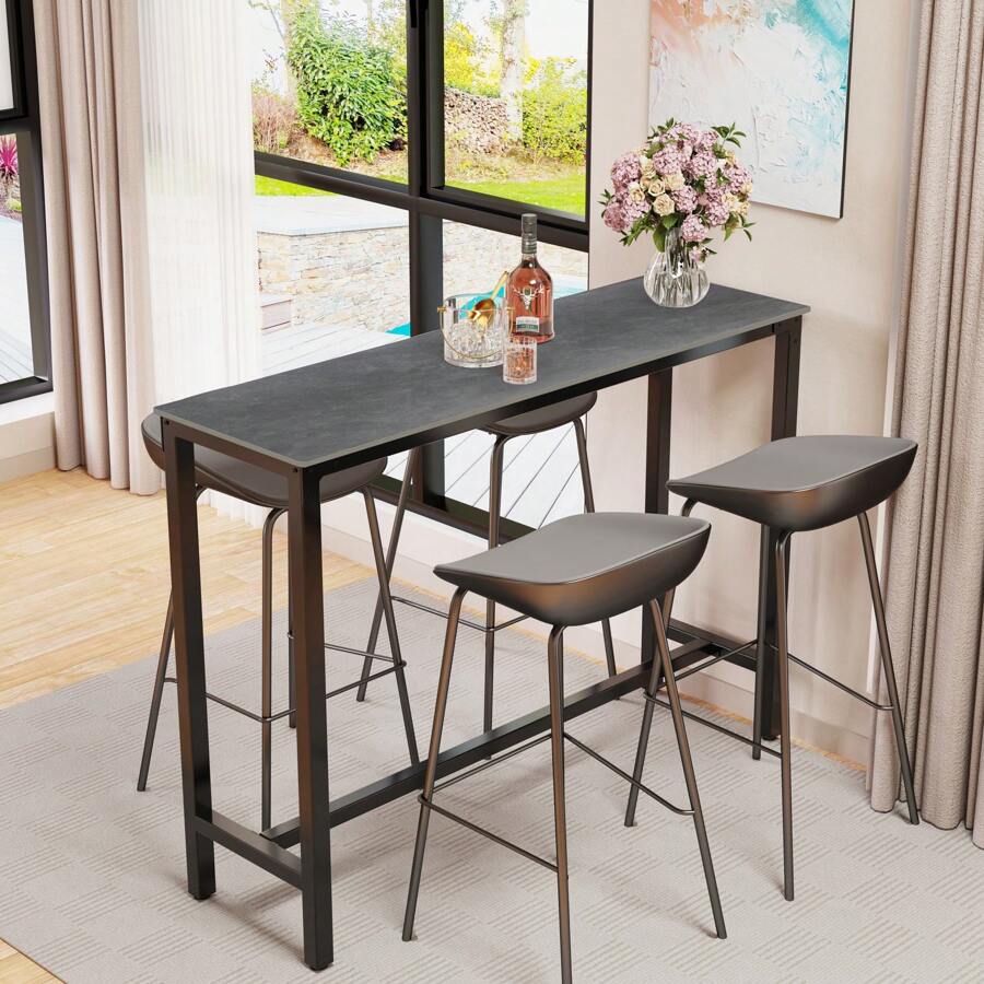 Rectangle Kitchen Bar Table Counter Breakfast Dining Table Black Coffee Table Metal Legs With Footrest For Kitchen Dining Room Patio