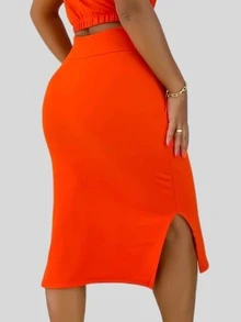 Women's Set Midi Skirt And Cropped Moda Evangelica - Orange - View 3