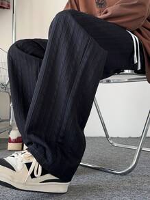 Men's Casual Loose Striped Diamond Plaid Straight Leg Pants - Black - View 9