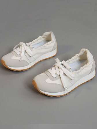 1 双女式多功能撞色一脚蹬休闲运动鞋，圆头，系带，户外，春秋季