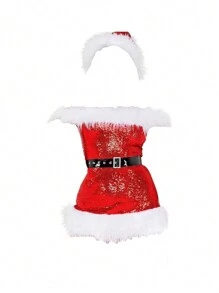 Off Shoulder Fuzzy Trim Sequin Dress Without Belt - Red - View 4