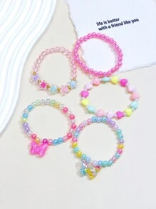 5pcs/Set Resin Butterfly Pendant Charm Beaded Bracelet For Girls, Random Color - Multicolor - View 3