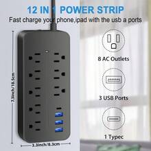 1 件电源板 - 扁平插头延长线，带 8 个插座和 3 个 USB 端口，4 英尺电源线（2000W/10A） - 美規B型插(110-127V) - 查看 4