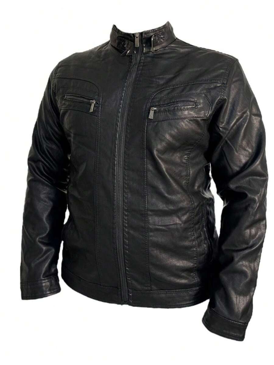 Men's Casual Slim Fit Leather Jacket - màu đen - Xem 1