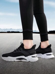Zapatillas deportivas de moda para hombre de color sólido, ligeras y transpirables de malla de tela, talón suave y cómodo para proporcionar estabilidad, diseño de suela elástica antideslizante de alta amortiguación para una mejor protección de los pies, adecuadas para caminar, deportes al aire libre, correr, hacer ejercicio, fitness, fiesta, fiesta, uso diario. - Blanco y Negro - Ver 4