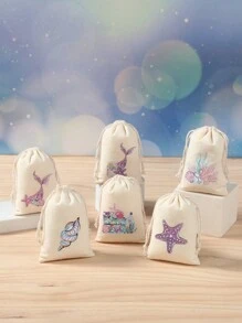 6 piezas Bolsas de regalo con estilo de sirena, estrella de mar y caracol, bolsas de lino con cordón para empaquetar regalos de fiesta de cumpleaños de sirena, suministros de decoración para fiestas de cumpleaños y reuniones familiares con temática de sirena y fondo marino, decoraciones de fiesta de cumpleaños de sirena, regalos y recuerdos para fiestas de cumpleaños con tema de sirena y fondo marino - Multicolor - Ver 1