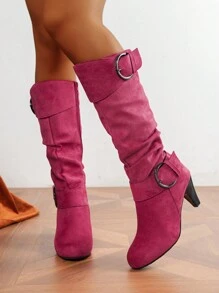 Round Toe Chunky Heel Mid-Calf Boots With Side Zipper, Women High Heel Riding Boots For Fall Winter, Fashionable Versatile - Hot Pink - View 3