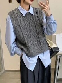 Women Retro All-Match Cable Collar Round Neck Pullover Vest - Grey - View 4