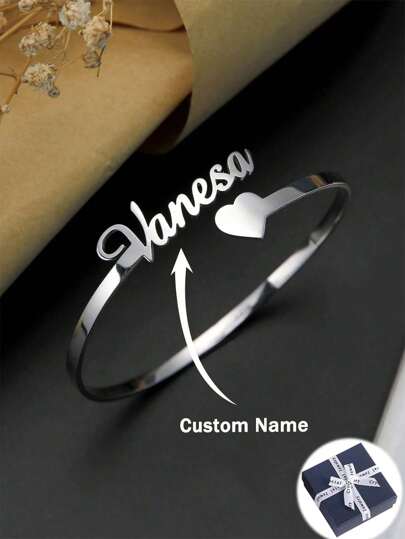 1pc Personalized Name Bangle For Women,Custom Jewelry,Fashion Adjustable Open Cuff Bracelet,Stainless Steel 3mm Wide Customized Heart Bangle,Unique Name Bracelet For Family And Friends,Birthday Party Anniversary Gifts For Girlfriend