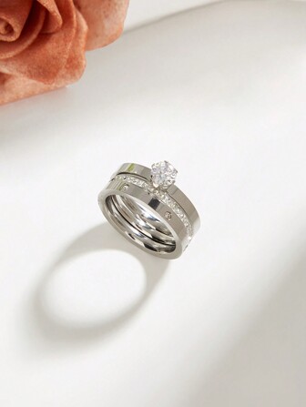 Set de 3 anillos de acero inoxidable con circonita cúbica, joyería de dama para boda, fiesta, reunión social, cita, regalo