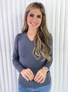 Women's Long Sleeve V-Neck Cold Blouse - 灰色 - 查看 1