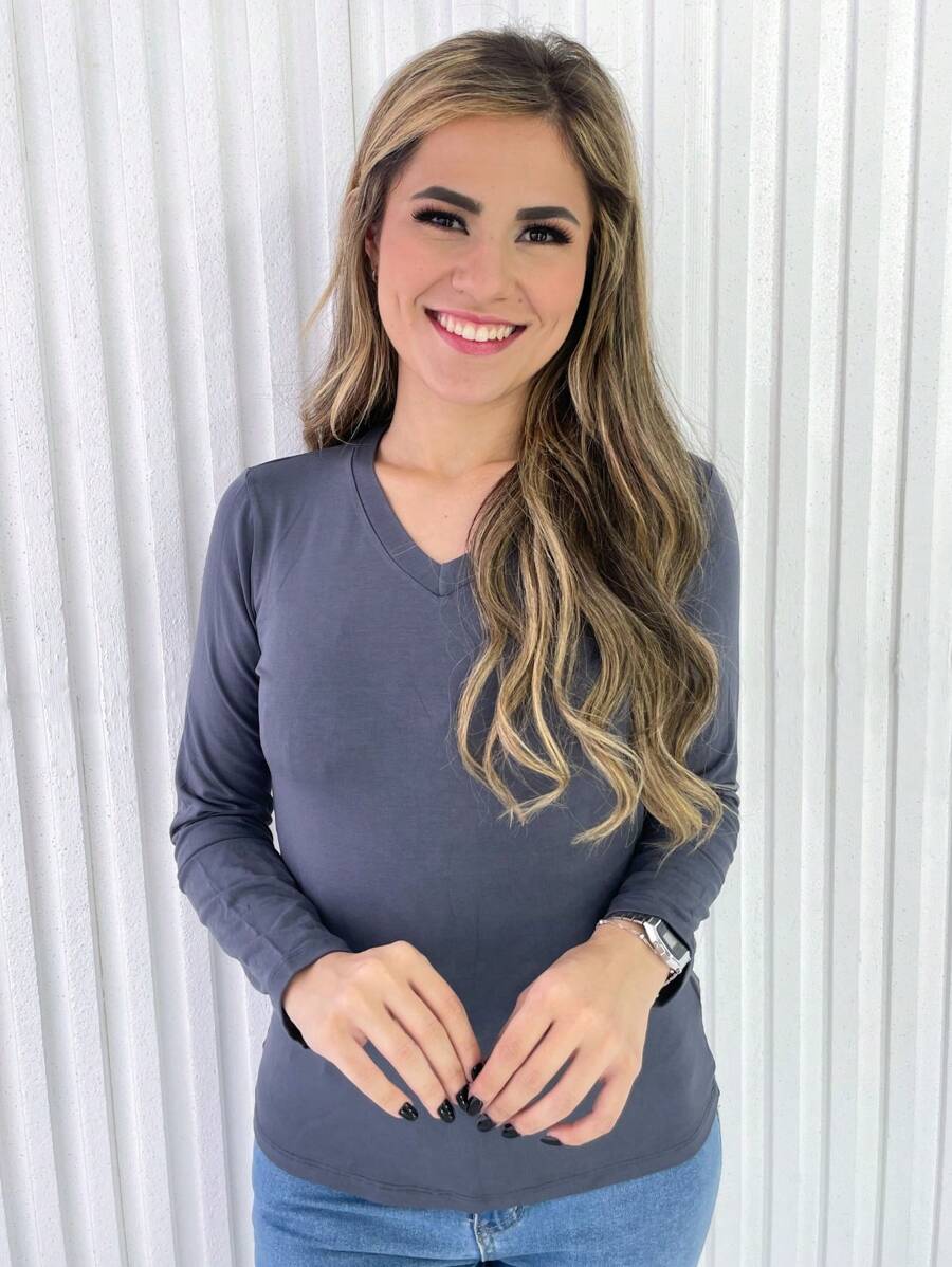 Women's Long Sleeve V-Neck Cold Blouse - 灰色 - 查看 1