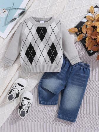 2 件套男婴格子图案圆领毛衣和松紧腰休闲牛仔裤套装，秋冬