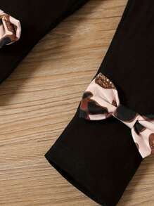 女婴可爱蝴蝶结领豹纹长袖上衣和黑色裤子，秋冬 - 黑色 - 查看 4