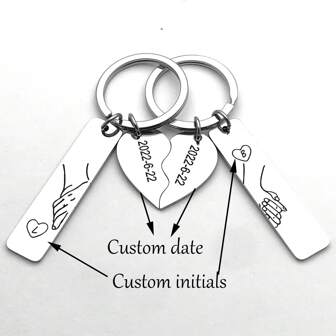 1 Pair Customizable Date & Letter Interlocked Heart Shaped Stainless Steel Couples Keychain, Anniversary Gift,Durable,Engraved,Stainless,Colorful,Cute,Adorable,Funny,Kawaii,Y2K,Stylish,Unisex,Casual,Custom,Personalized,Unique,Customized,Ideal Gifts For Him,Ideal Gifts For Her,Her,Boyfriend,Girlfriend,Family,Friends