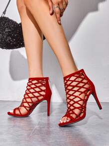 Women High Heel Sandals Cut Out Stiletto Heeled Sandals Rhinestone Ankle Strap Open Toe Dress Pump Shoes, For Party, Wedding, Vacation - 紅色 - 查看 6