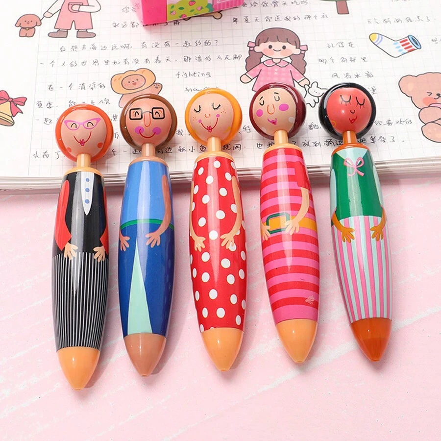 5/3/1/10支随机卡通娃娃小人圆珠笔，蓝色替换笔芯娃娃圆珠笔，娃娃圆珠笔 - 黑色 - 查看 1