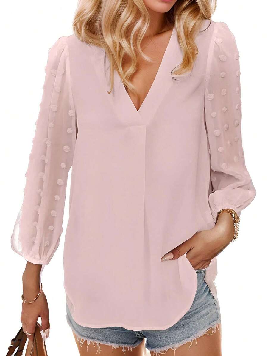 Women's Long Sleeve Top V Neck Pleated Shirts Casual Loose Chiffon Blouse - Hồng - Xem 1