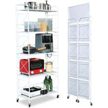 Folding Shelf 5 Tier,Folding Bookshelf,Foldable Shelf,Metal Folding Storage Shelves With Wheels,Folding Shelf Unit For Living Room,Kitchen,Study, 12.6" D X 23.6" W X 57.0" H, Glossy White