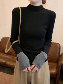 女士基本款拼色简约薄款高领套头衫黑色毛衣秋冬季日常装办公室长袖上衣 - 黑色 - 查看 4