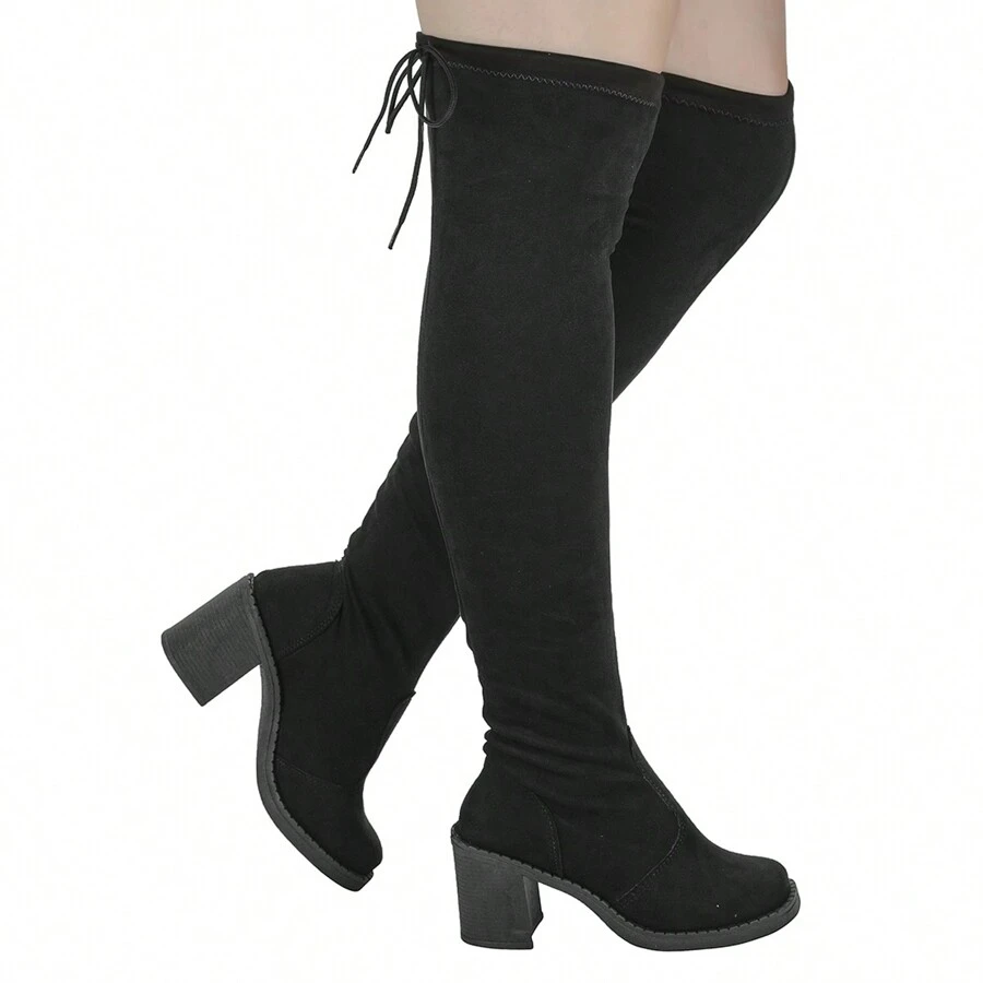 Bota Over The Knner Femenina Stretch Camurça com Ajuste Salto Quadrado