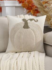 Miater 1pc Plush Pumpkin Embroidered Pillow Cover, Thanksgiving Decoration For Living Room & Bedroom - Beige - View 4