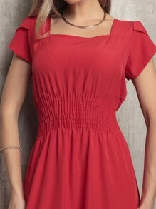 Elegant Women's Ruffle Sleeve Midi Dress - 紅色 - 查看 2