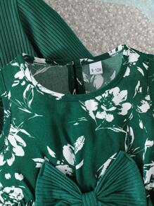 2 件装女婴休闲花卉印花无袖连衣裙和纯色灯笼袖开衫套装，秋季 - 墨綠色 - 查看 5