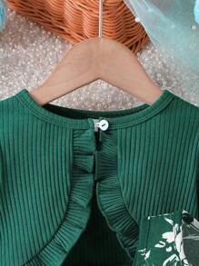 2 件装女婴休闲花卉印花无袖连衣裙和纯色灯笼袖开衫套装，秋季 - 墨綠色 - 查看 4