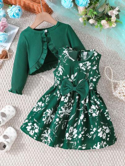 2 piezas Conjunto de vestido sin mangas con estampado floral casual y cárdigan de manga farol de unicolor para bebé niña, otoño