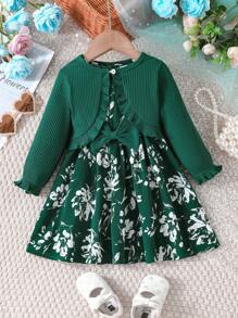 2 件装女婴休闲花卉印花无袖连衣裙和纯色灯笼袖开衫套装，秋季 - 墨綠色 - 查看 2