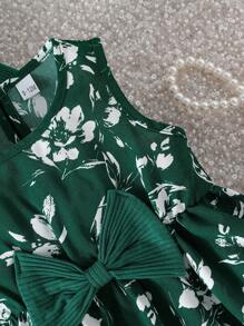 2 件装女婴休闲花卉印花无袖连衣裙和纯色灯笼袖开衫套装，秋季 - 墨綠色 - 查看 7