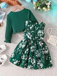 2 件装女婴休闲花卉印花无袖连衣裙和纯色灯笼袖开衫套装，秋季 - 墨綠色 - 查看 3