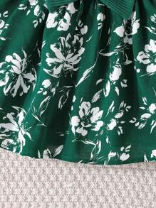 2 件装女婴休闲花卉印花无袖连衣裙和纯色灯笼袖开衫套装，秋季 - 墨綠色 - 查看 9